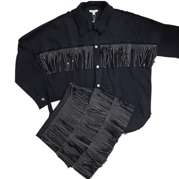 Main Strip Stud Fringe Raw Hem Oversized Black Denim Jacket Shacket CJ60713 - Picture 8 of 16